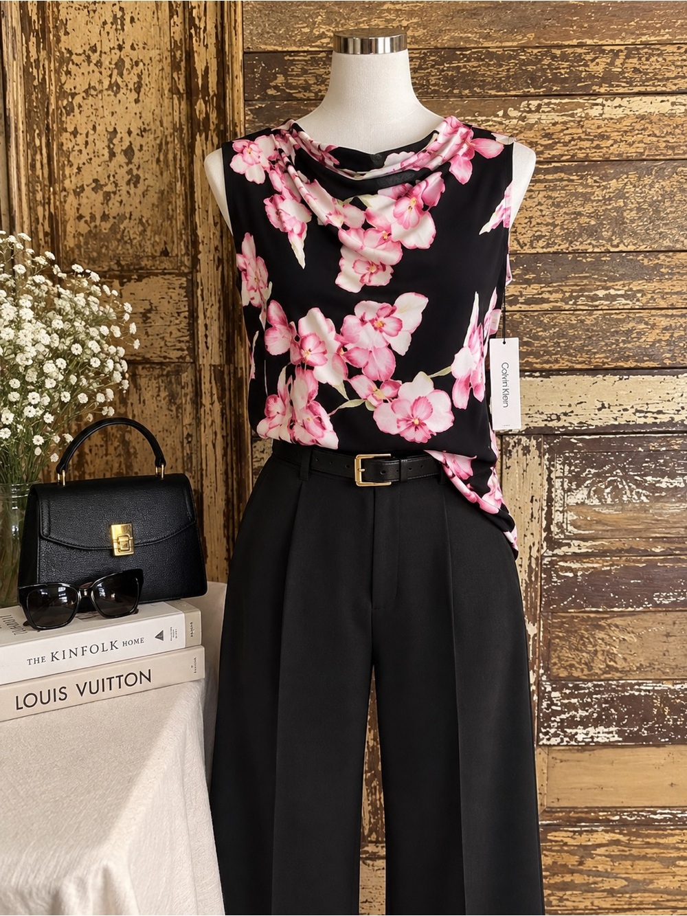 Calvin Klein NWT Floral Sleeveless Blouse | Black Pink Stretch Top | Size XL
